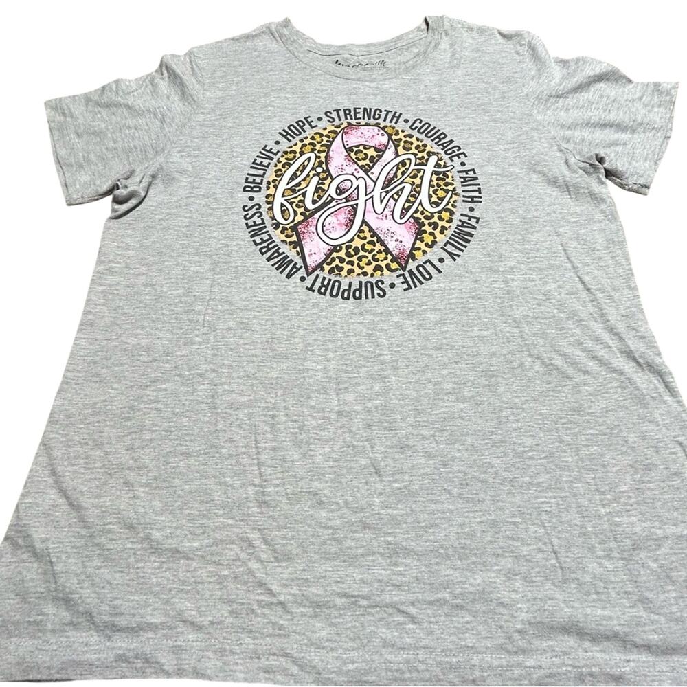 Love Faith Breast Cancer Awareness Gray Graphic Tee with Pink Ribbon Design